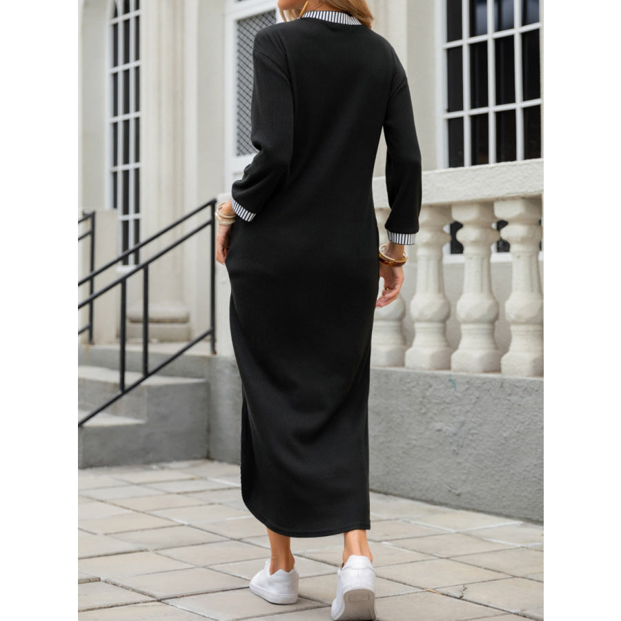 Slit V-Neck Long Sleeve Midi Dress Apparel and Accessories