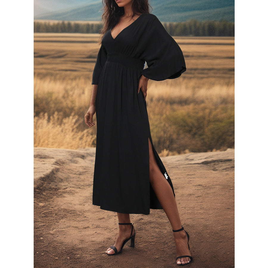 Slit V - Neck Long Sleeve Midi Dress Apparel and Accessories