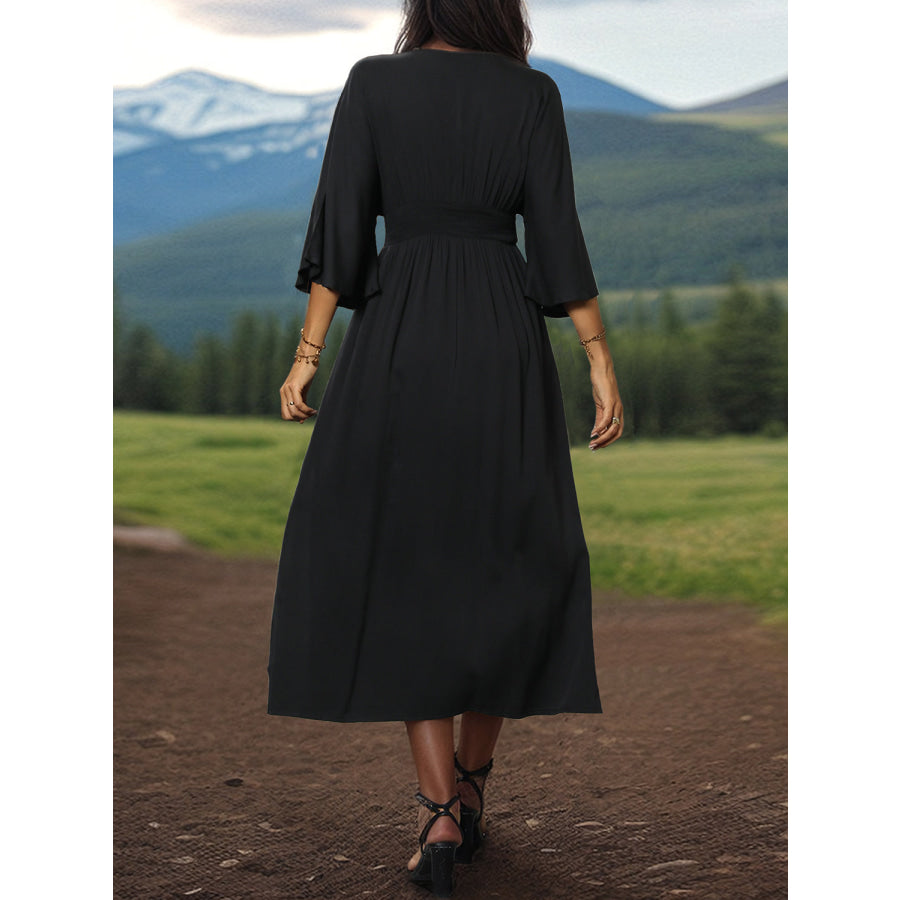 Slit V - Neck Long Sleeve Midi Dress Black / S Apparel and Accessories