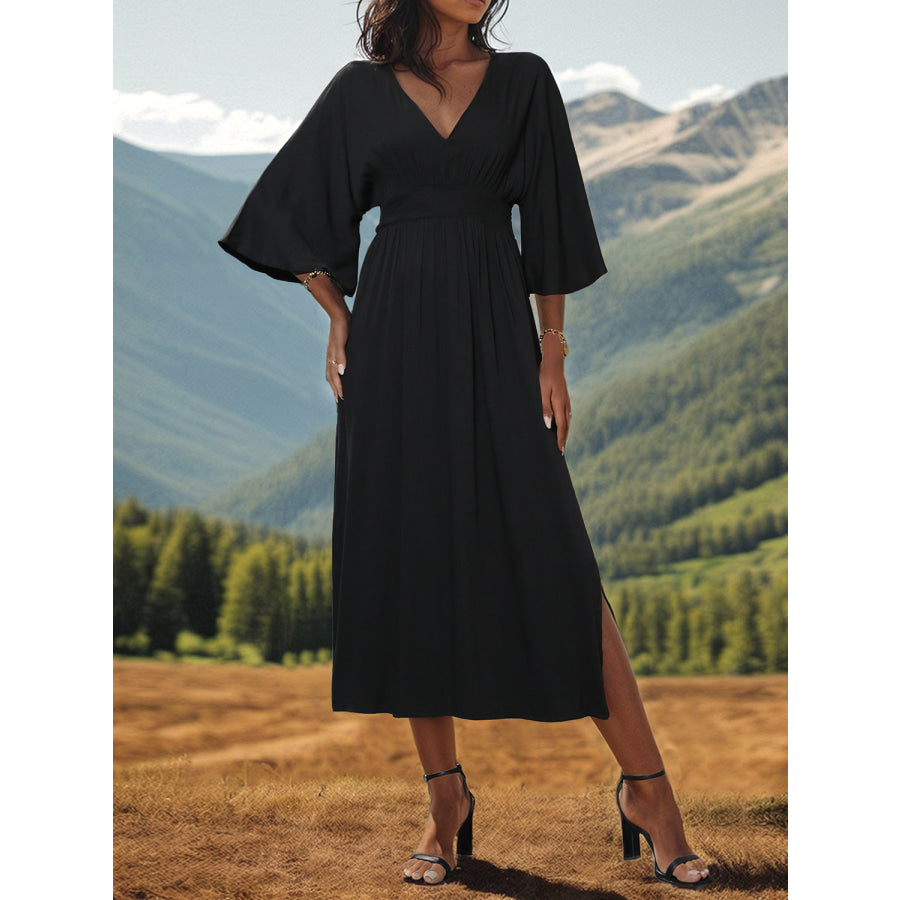 Slit V - Neck Long Sleeve Midi Dress Apparel and Accessories