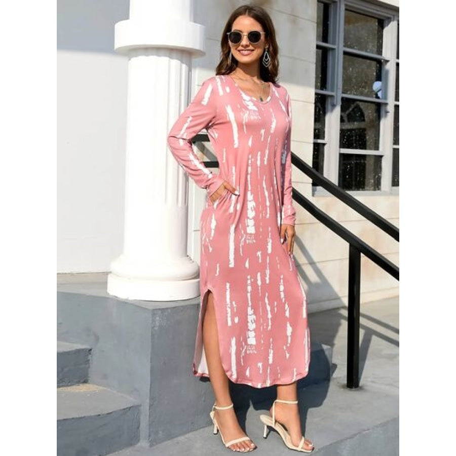 Slit V-Neck Long Sleeve Midi Dress Apparel and Accessories