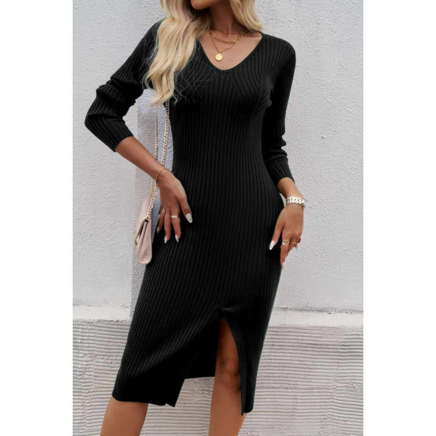 Slit V-Neck Long Sleeve Midi Dress Apparel and Accessories