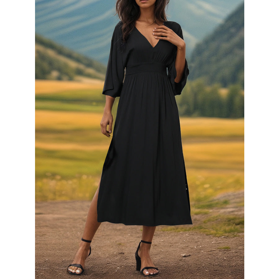 Slit V - Neck Long Sleeve Midi Dress Black / S Apparel and Accessories