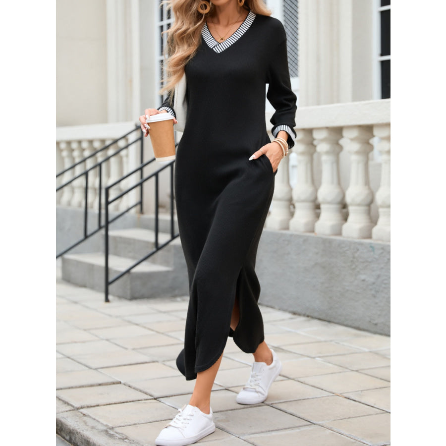 Slit V-Neck Long Sleeve Midi Dress Black / S Apparel and Accessories