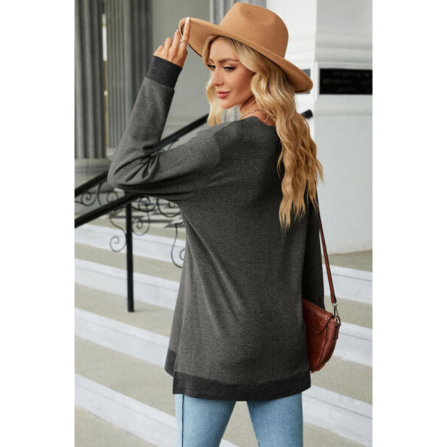 Slit V - Neck Long Sleeve T - Shirt Apparel and Accessories