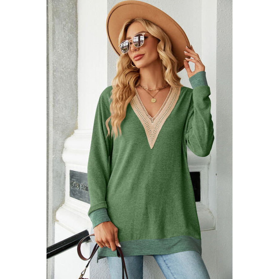 Slit V - Neck Long Sleeve T - Shirt Apparel and Accessories