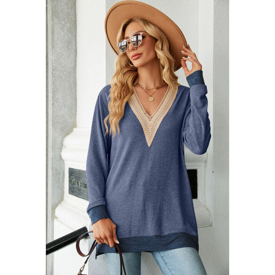 Slit V - Neck Long Sleeve T - Shirt Apparel and Accessories