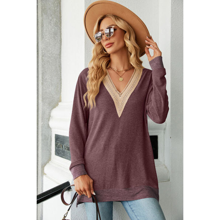 Slit V - Neck Long Sleeve T - Shirt Apparel and Accessories