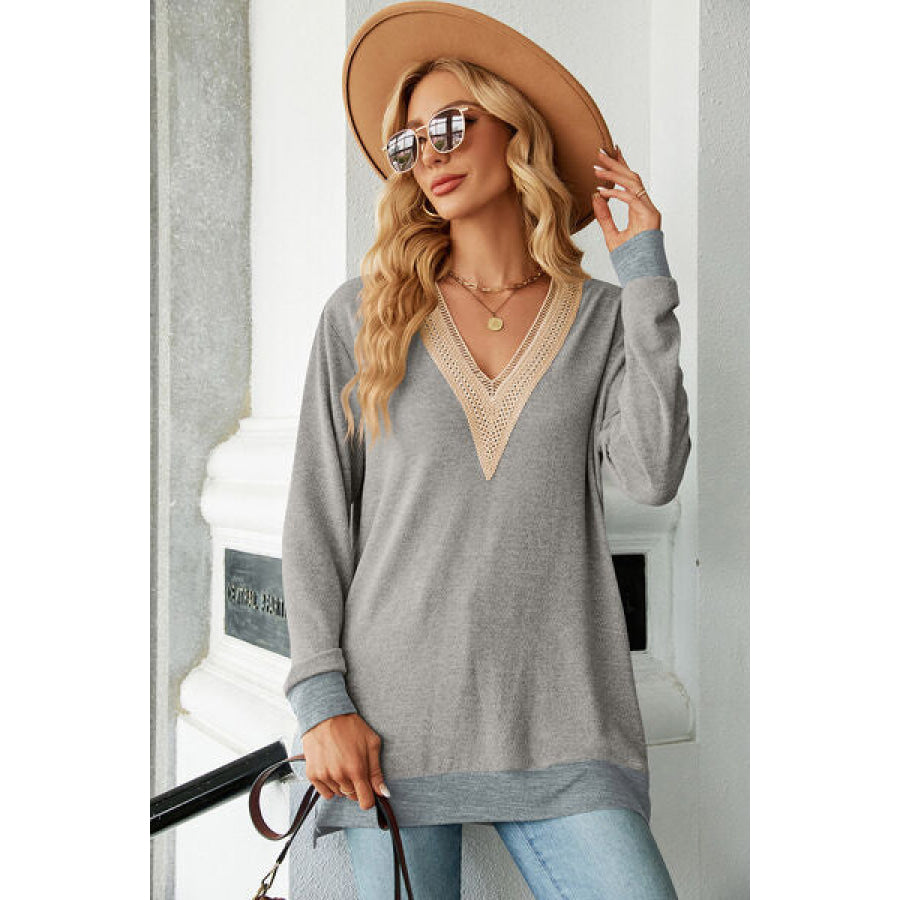 Slit V - Neck Long Sleeve T - Shirt Apparel and Accessories