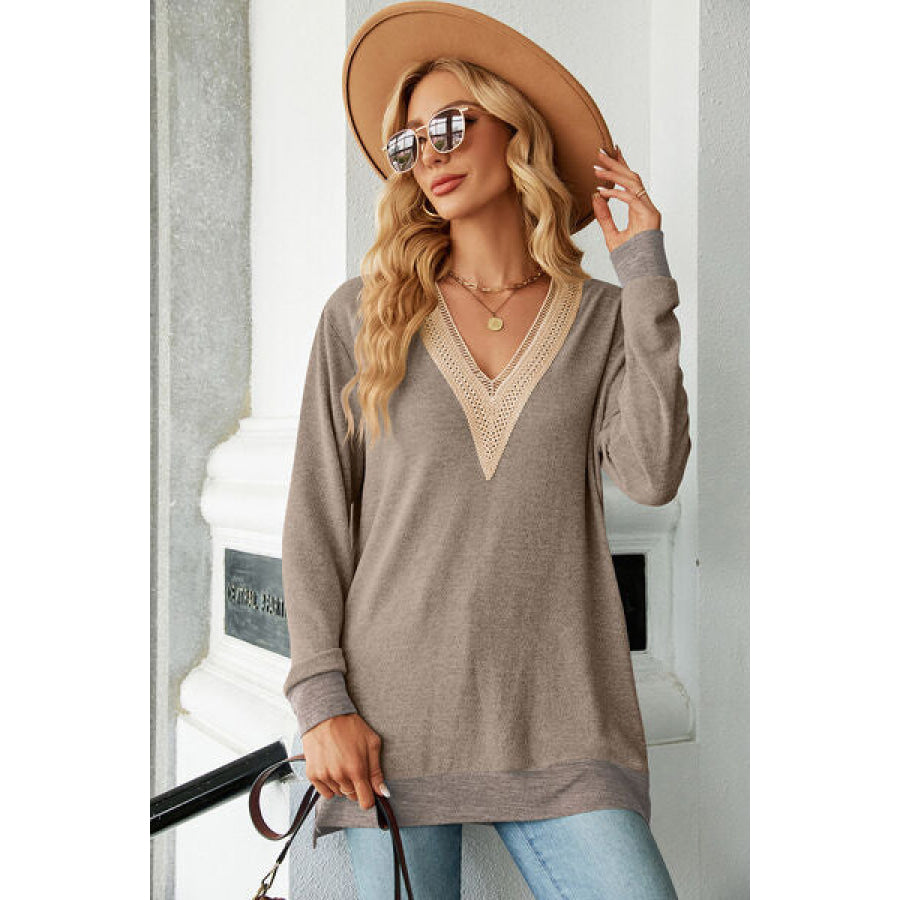 Slit V - Neck Long Sleeve T - Shirt Apparel and Accessories