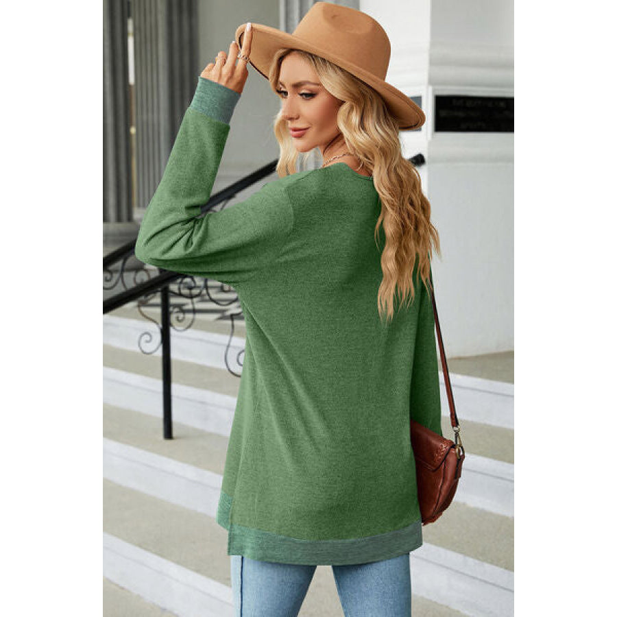 Slit V - Neck Long Sleeve T - Shirt Apparel and Accessories