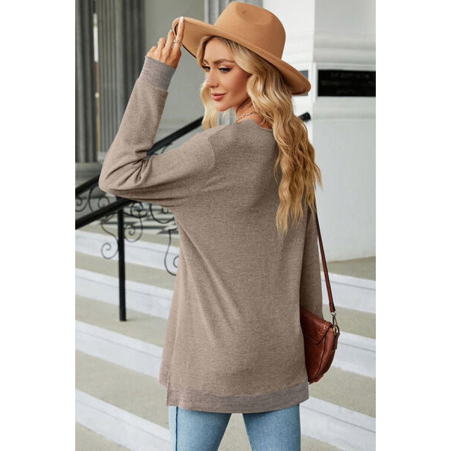 Slit V - Neck Long Sleeve T - Shirt Apparel and Accessories