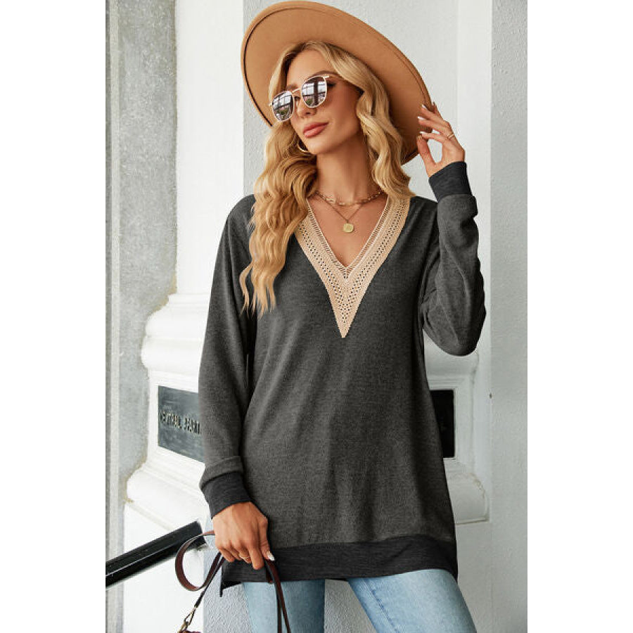 Slit V - Neck Long Sleeve T - Shirt Apparel and Accessories