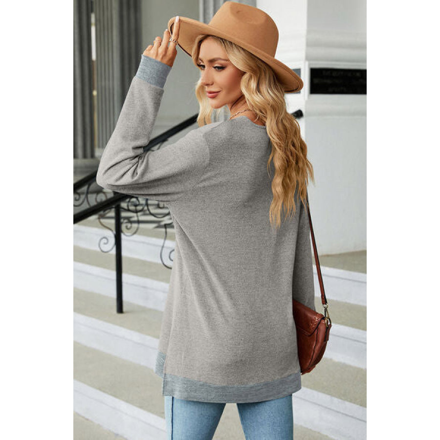 Slit V - Neck Long Sleeve T - Shirt Apparel and Accessories