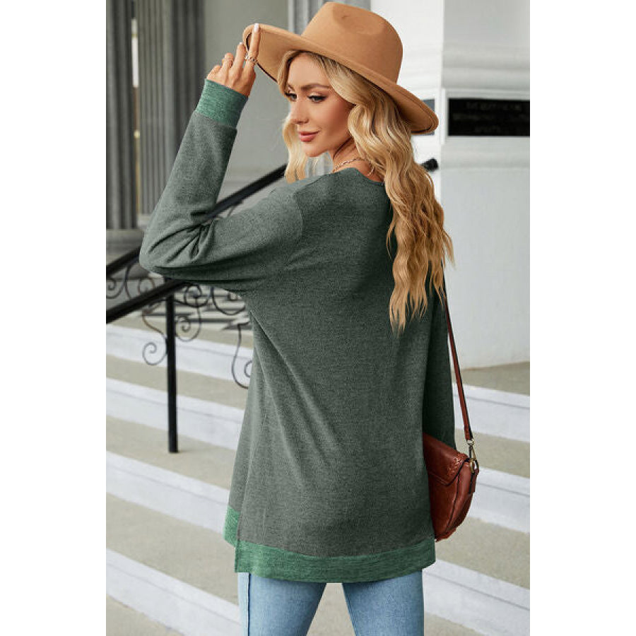 Slit V - Neck Long Sleeve T - Shirt Apparel and Accessories