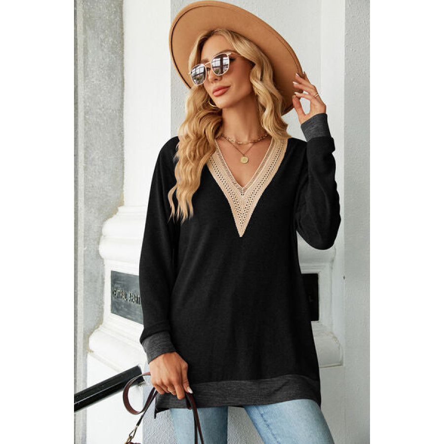 Slit V - Neck Long Sleeve T - Shirt Apparel and Accessories