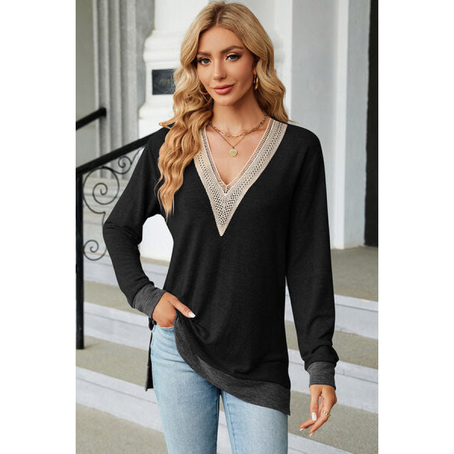 Slit V - Neck Long Sleeve T - Shirt Black / S Apparel and Accessories