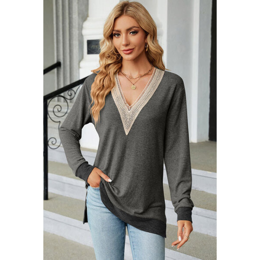 Slit V - Neck Long Sleeve T - Shirt Charcoal / S Apparel and Accessories