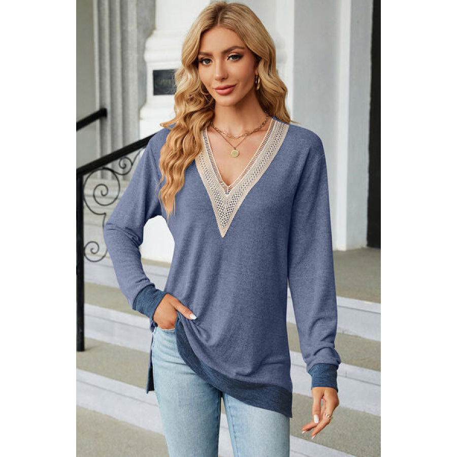 Slit V - Neck Long Sleeve T - Shirt Dusty Blue / S Apparel and Accessories