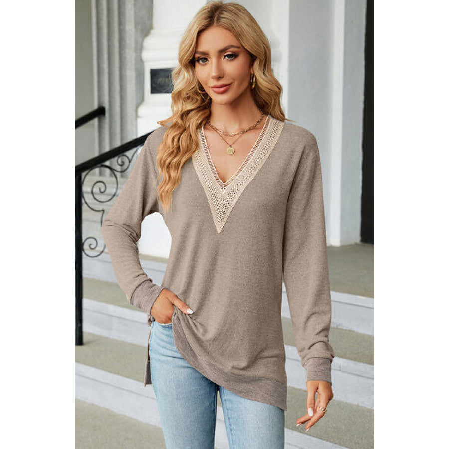 Slit V - Neck Long Sleeve T - Shirt Khaki / S Apparel and Accessories