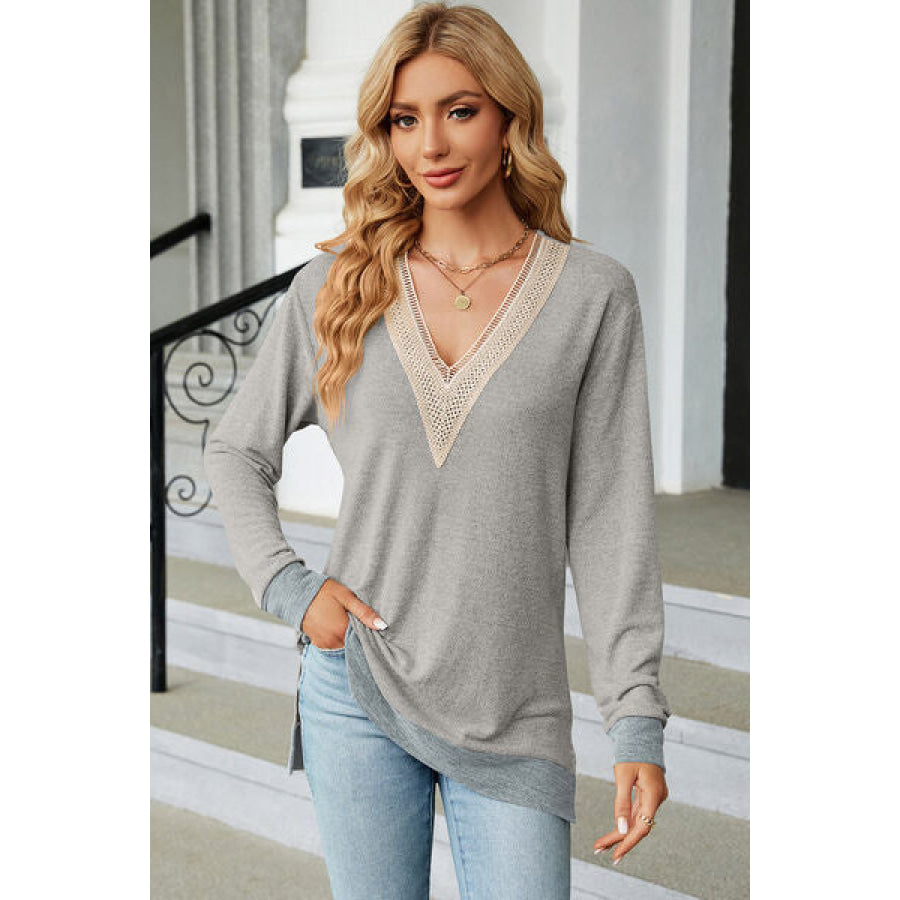 Slit V - Neck Long Sleeve T - Shirt Light Gray / S Apparel and Accessories