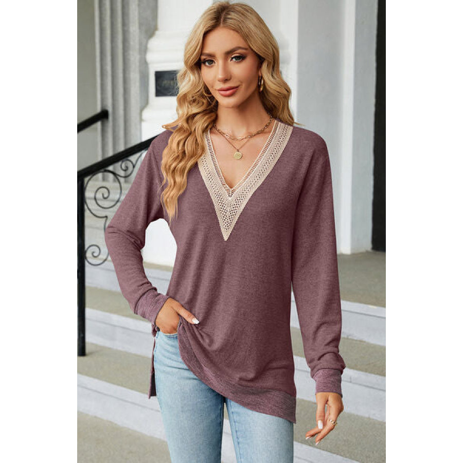 Slit V - Neck Long Sleeve T - Shirt Magenta / S Apparel and Accessories