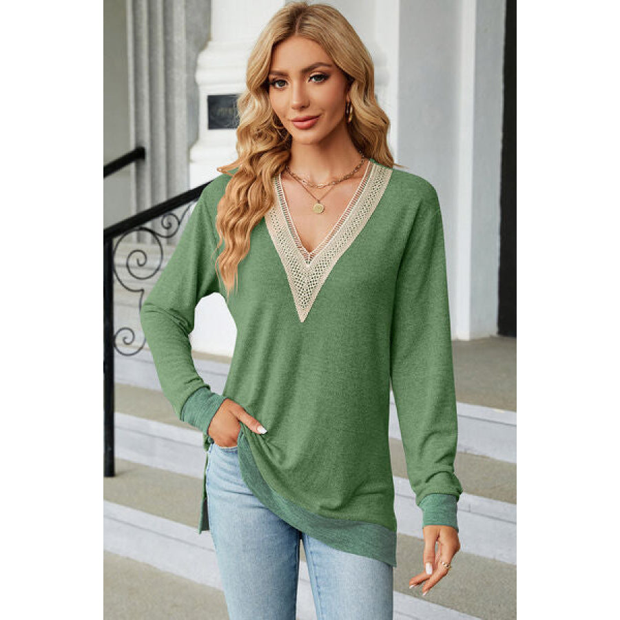 Slit V - Neck Long Sleeve T - Shirt Mid Green / S Apparel and Accessories