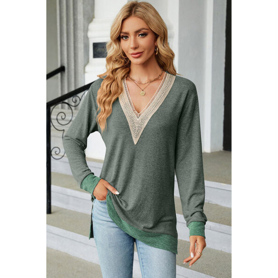 Slit V - Neck Long Sleeve T - Shirt Moss / S Apparel and Accessories