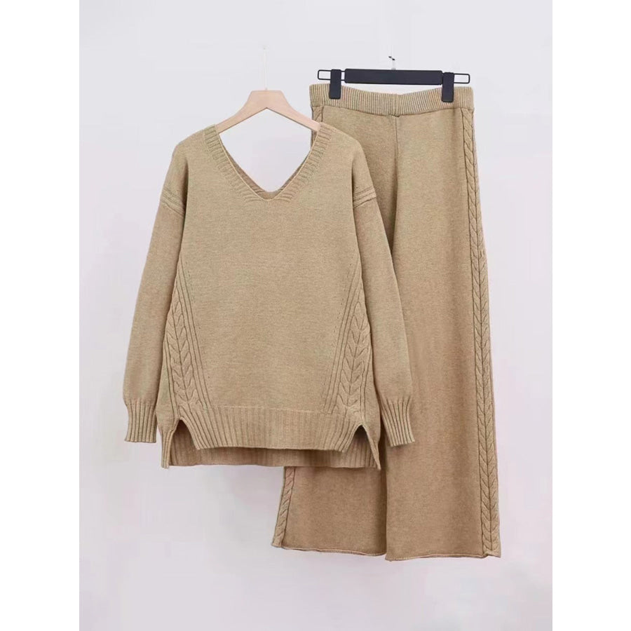 Slit V-Neck Long Sleeve Top and Pants Sweater Set Apparel and Accessories