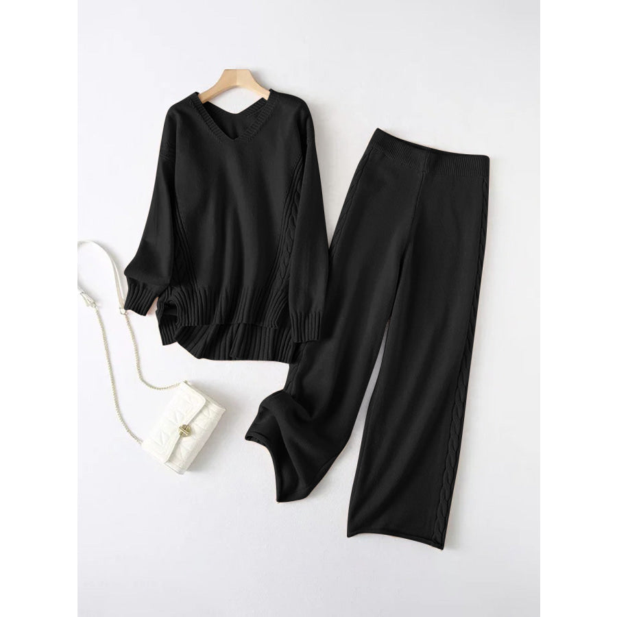 Slit V-Neck Long Sleeve Top and Pants Sweater Set Apparel and Accessories