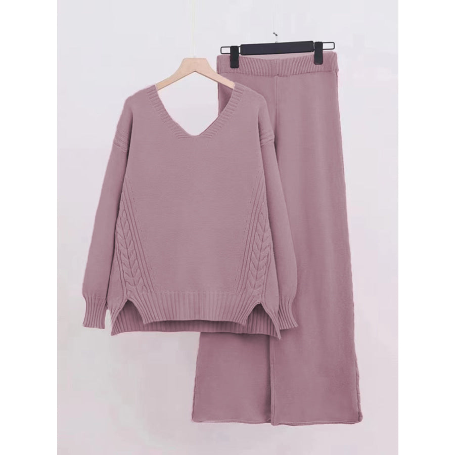 Slit V-Neck Long Sleeve Top and Pants Sweater Set Apparel and Accessories