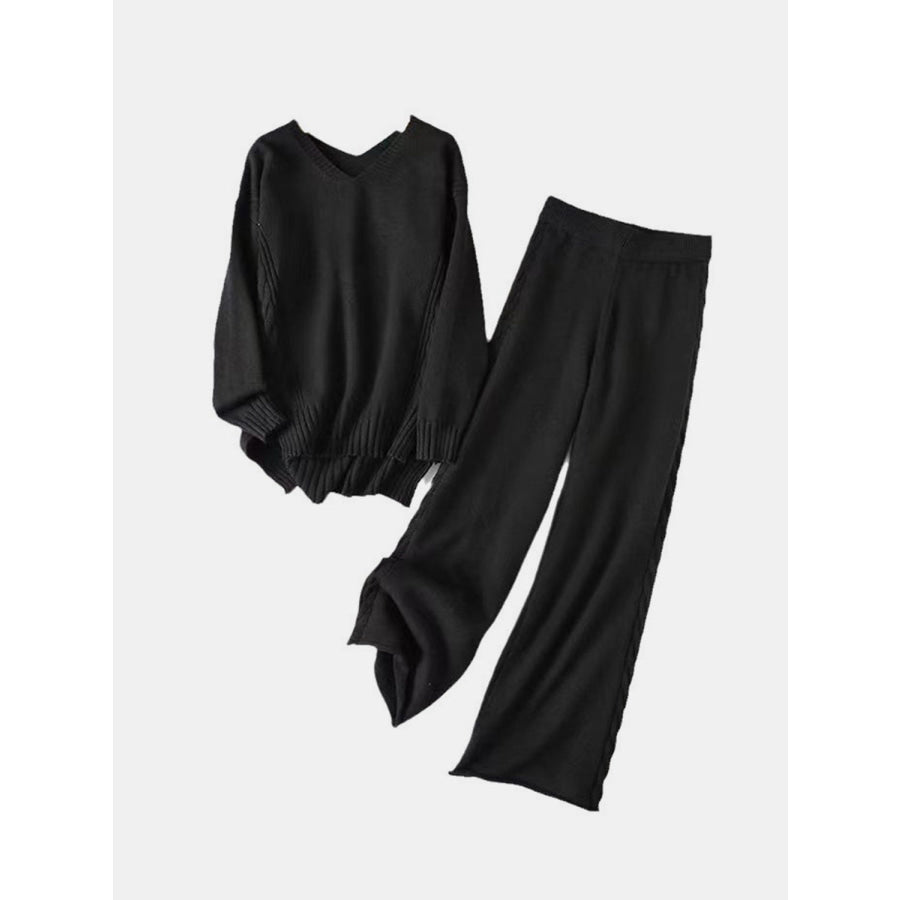 Slit V-Neck Long Sleeve Top and Pants Sweater Set Black / One Size Apparel and Accessories