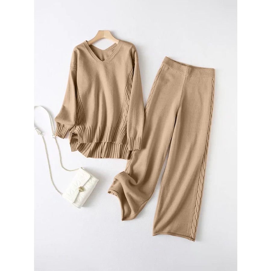 Slit V-Neck Long Sleeve Top and Pants Sweater Set Camel / One Size Apparel and Accessories