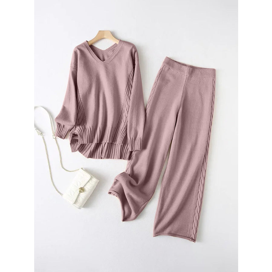 Slit V-Neck Long Sleeve Top and Pants Sweater Set Lilac / One Size Apparel and Accessories