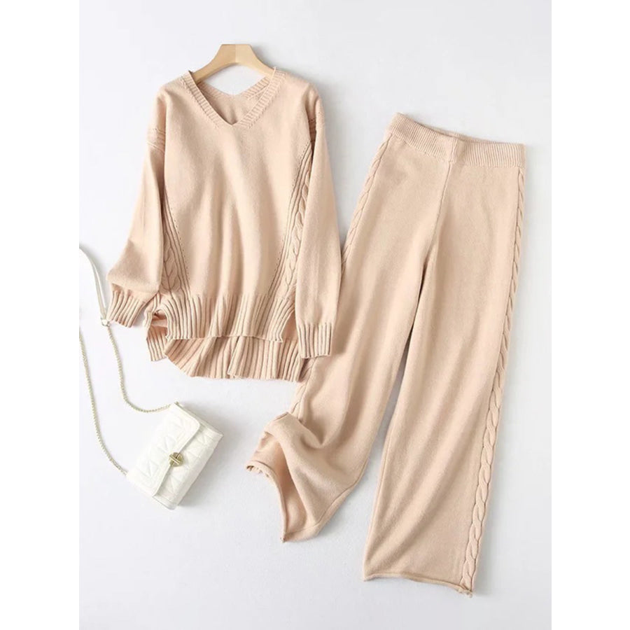 Slit V-Neck Long Sleeve Top and Pants Sweater Set Tan / One Size Apparel and Accessories