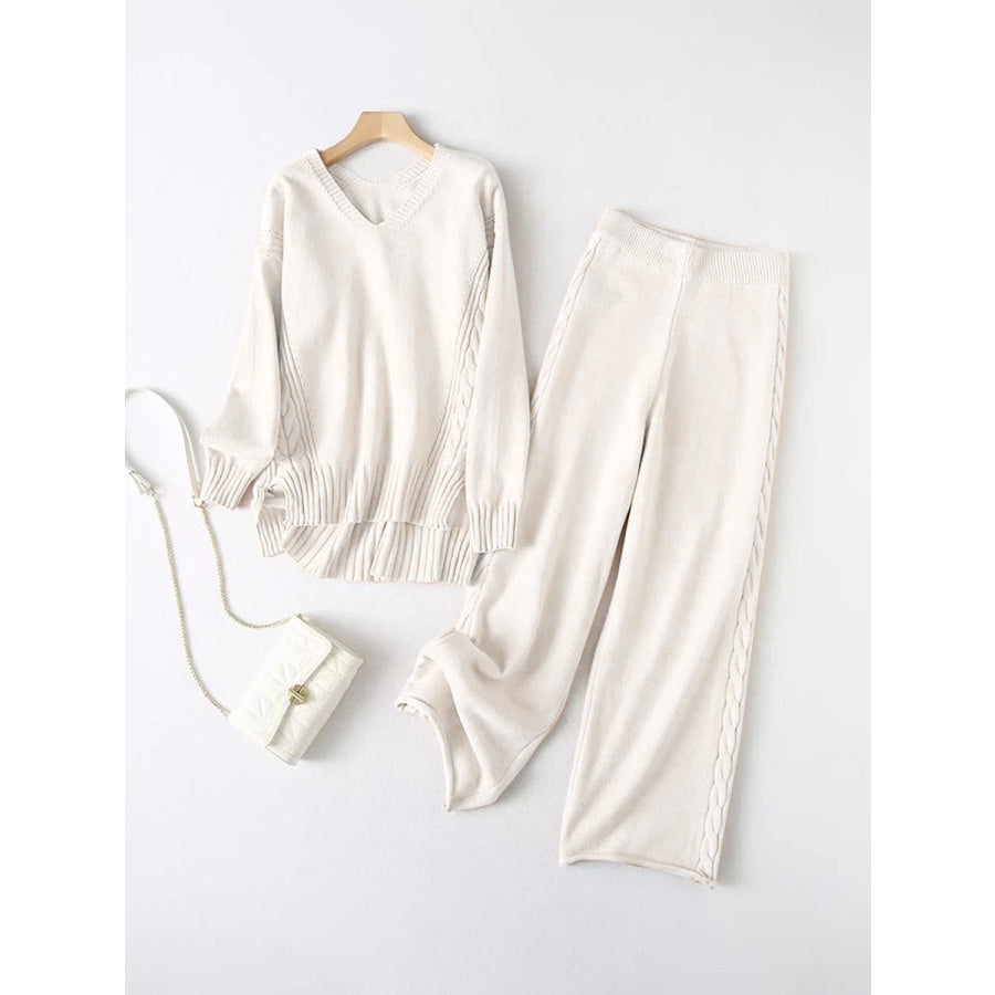 Slit V-Neck Long Sleeve Top and Pants Sweater Set White / One Size Apparel and Accessories