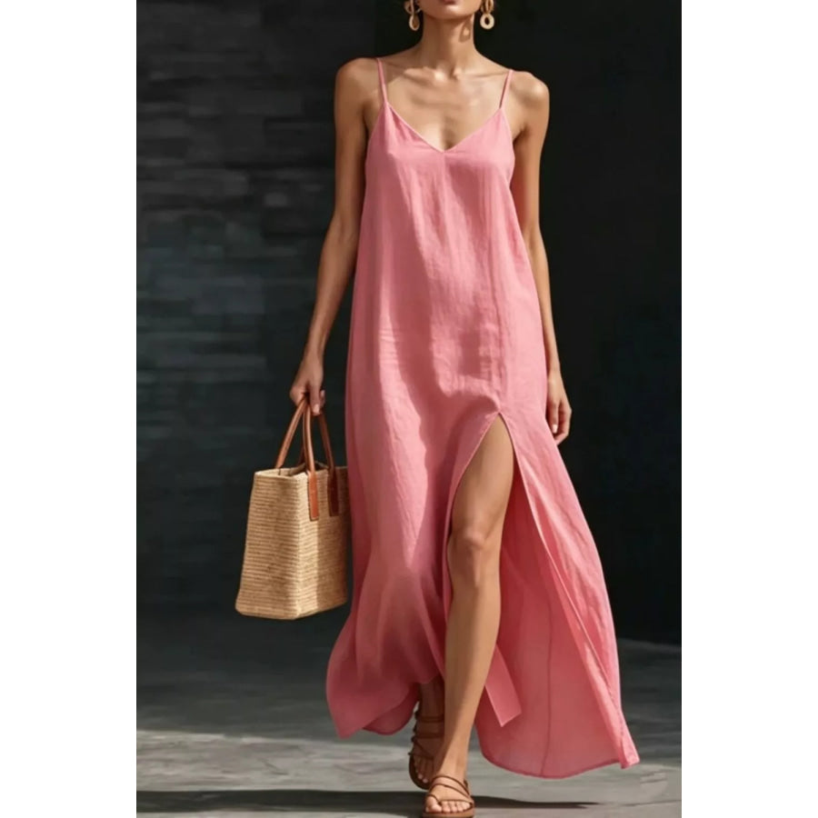 Slit V-Neck Maxi Dress Dusty Pink / S Apparel and Accessories