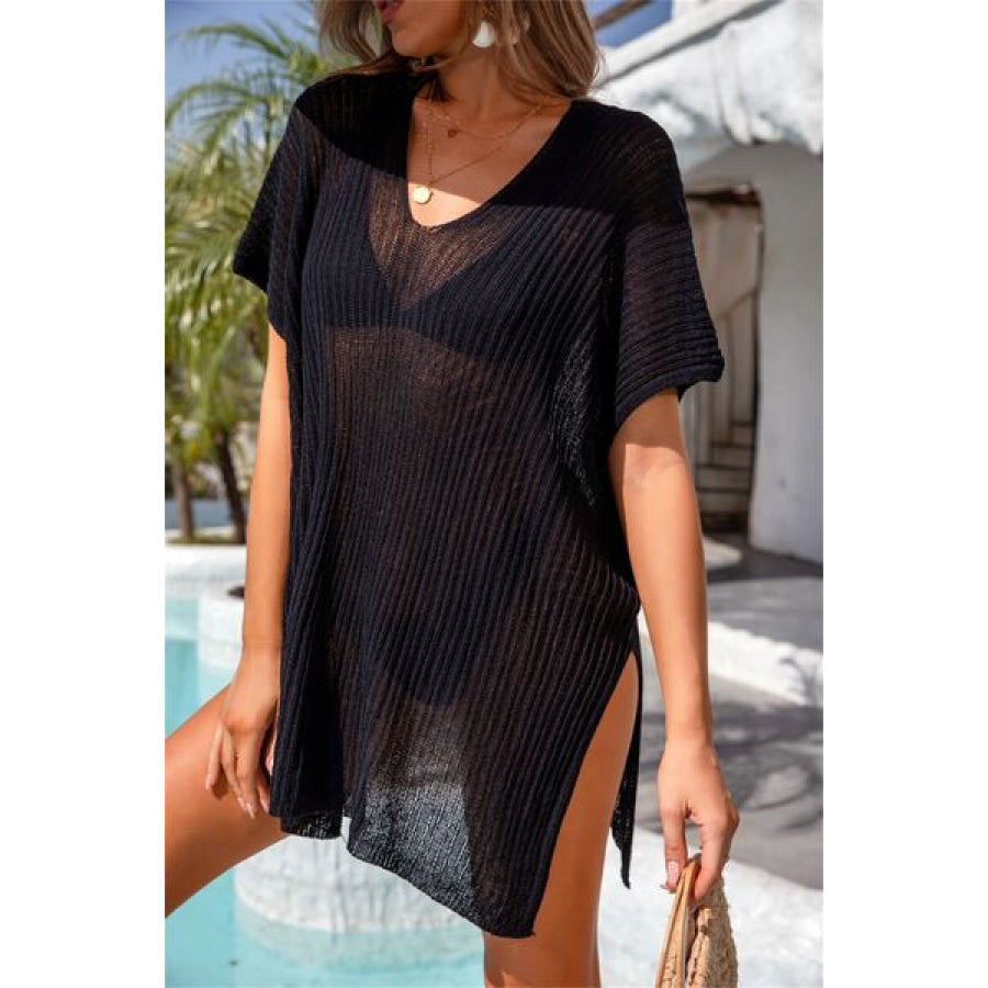 Slit V - Neck Short Sleeve Cover Up Apparel and Accessories