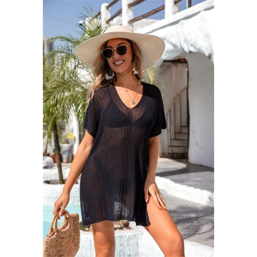 Slit V - Neck Short Sleeve Cover Up Apparel and Accessories