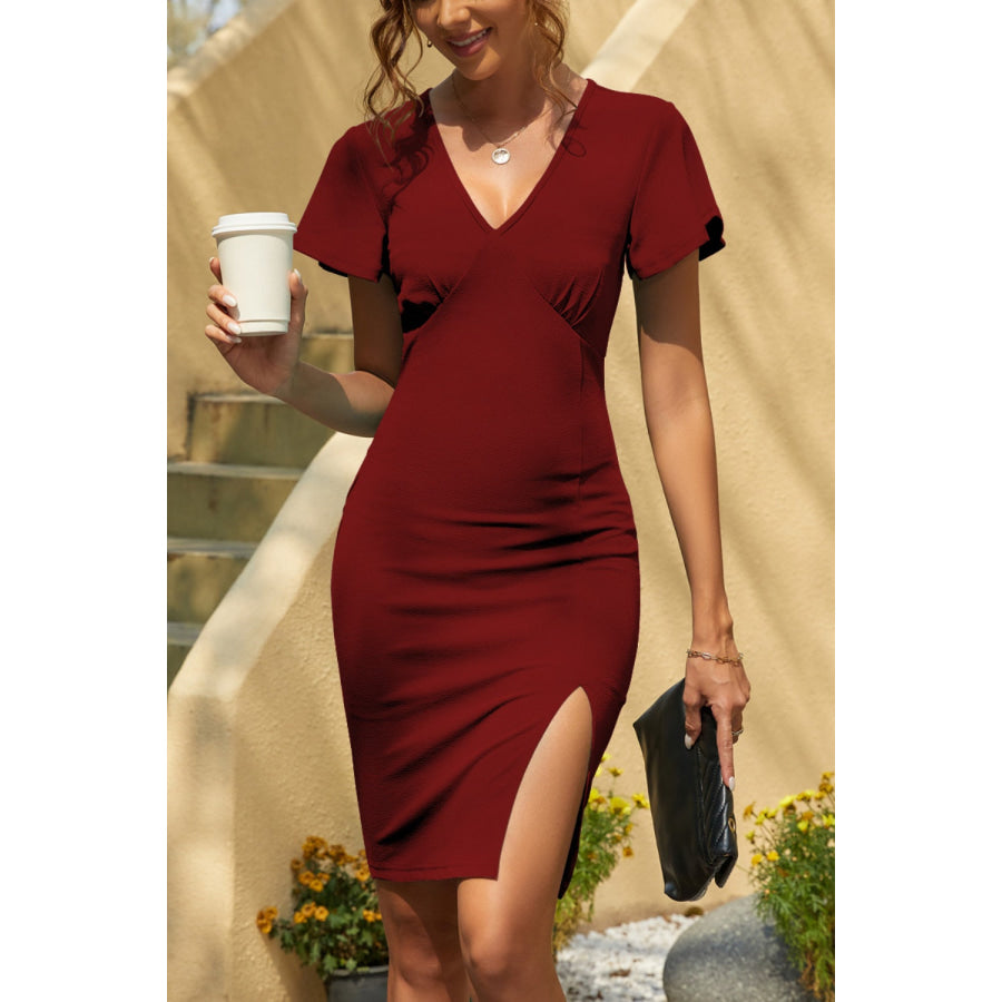 Slit V - Neck Short Sleeve Mini Dress Apparel and Accessories