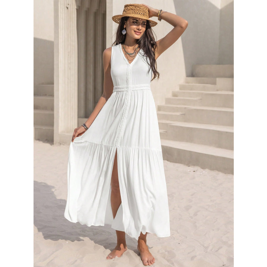 Slit V - Neck Sleeveless Dress White / S Apparel and Accessories