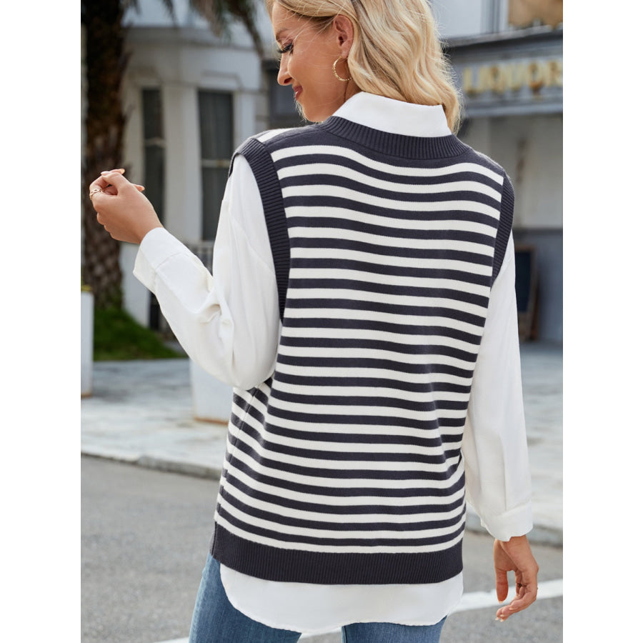 Slit V-Neck Striped Sweater Vest Dark Gray / S Apparel and Accessories