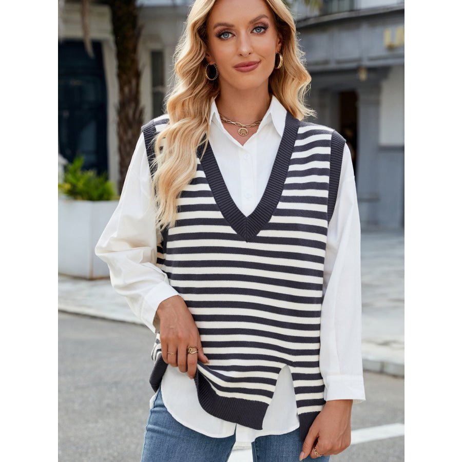 Slit V-Neck Striped Sweater Vest Dark Gray / S Apparel and Accessories