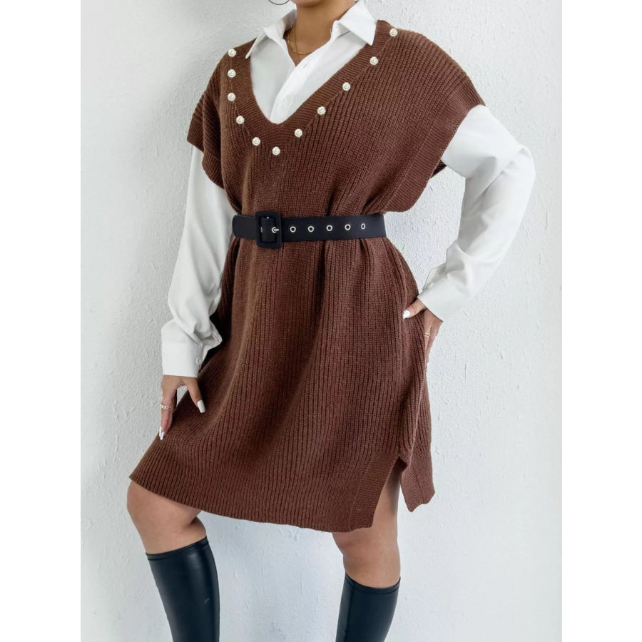 Slit V-Neck Sweater Dress Apparel and Accessories