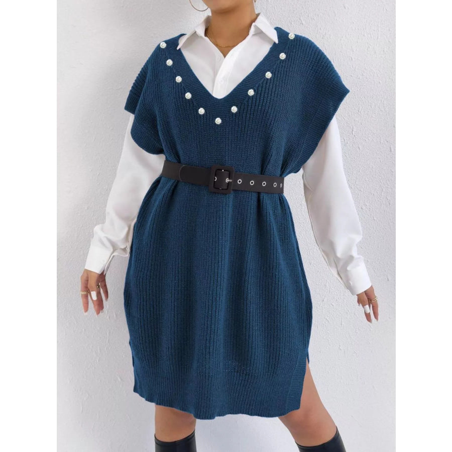 Slit V-Neck Sweater Dress Apparel and Accessories