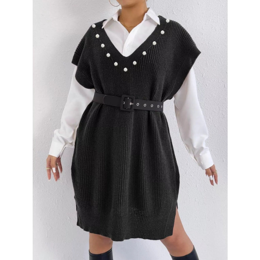 Slit V-Neck Sweater Dress Apparel and Accessories