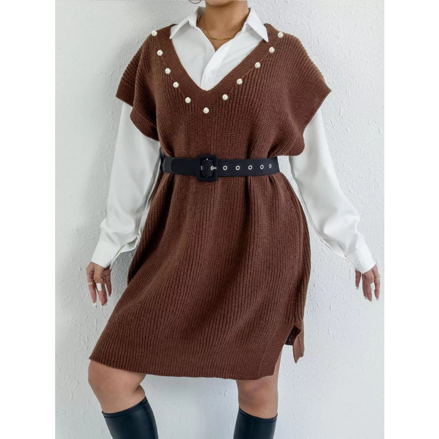 Slit V-Neck Sweater Dress Apparel and Accessories