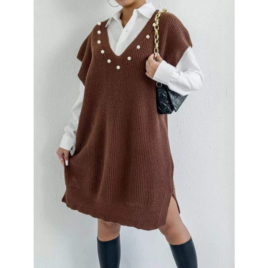 Slit V-Neck Sweater Dress Brown / One Size Apparel and Accessories