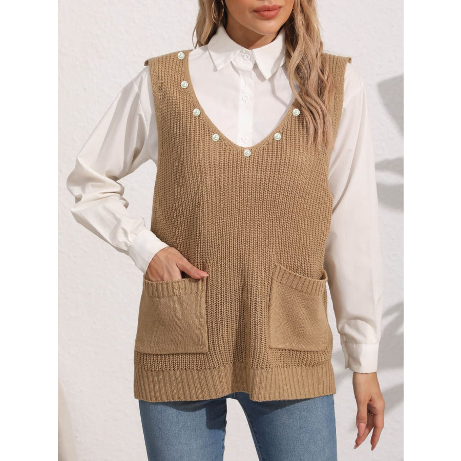 Slit V-Neck Sweater Vest Camel / One Size Apparel and Accessories