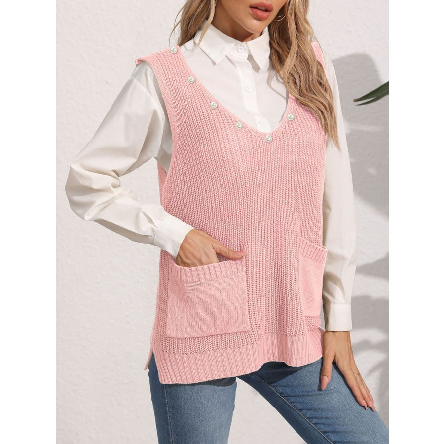 Slit V-Neck Sweater Vest Dusty Pink / One Size Apparel and Accessories